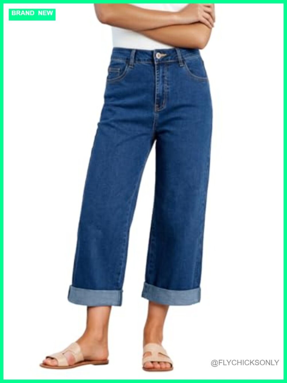 Sidefeel Wide Leg High Waisted Cropped Capri Jeans Rolled Hem Denim Pants